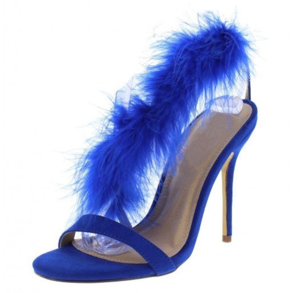 BLUE OPEN TOE FEATHER CROSS STRAP STILETTO HEEL